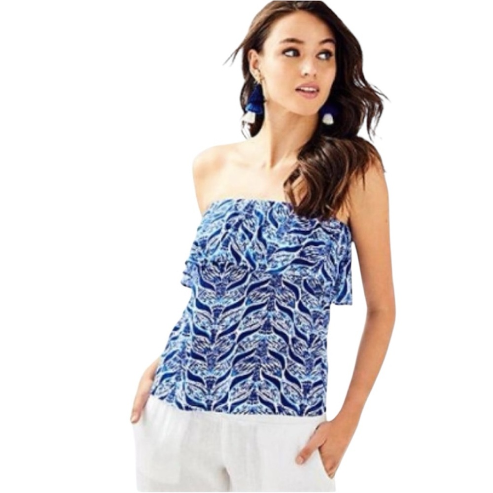 Lilly Pulitzer Blue Mermaid Tail Patterned Strapless Ruffle Tube Top Beach Prep